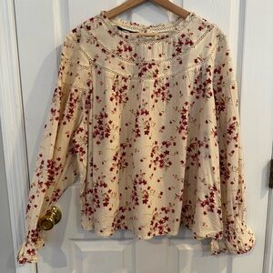 Lands’ End Floral Babydoll Top 2X Cottagecore Lace Trim Long Sleeve Autumn